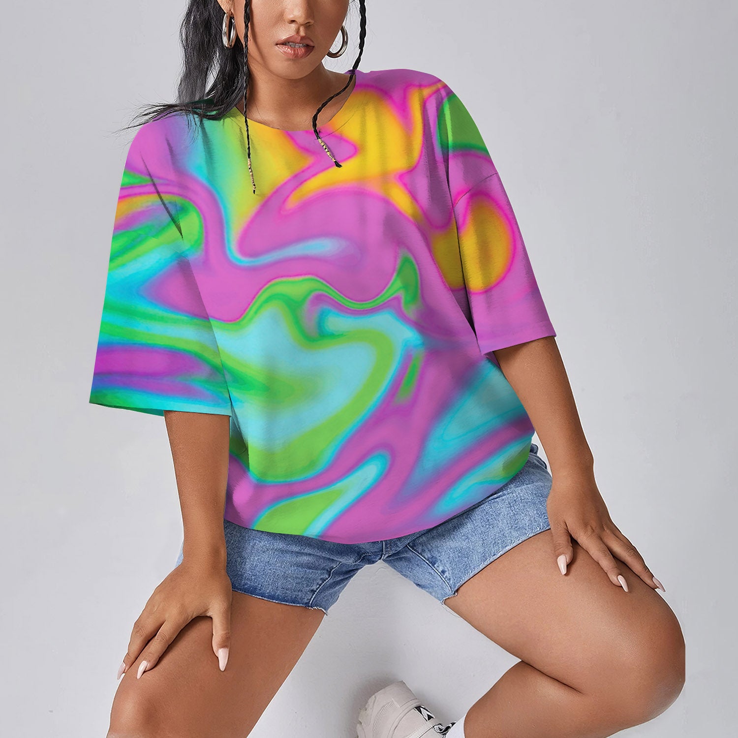 Holographic Neon Liquid Trippy Women Oversized T-Shirt | Printed Graphic Tees