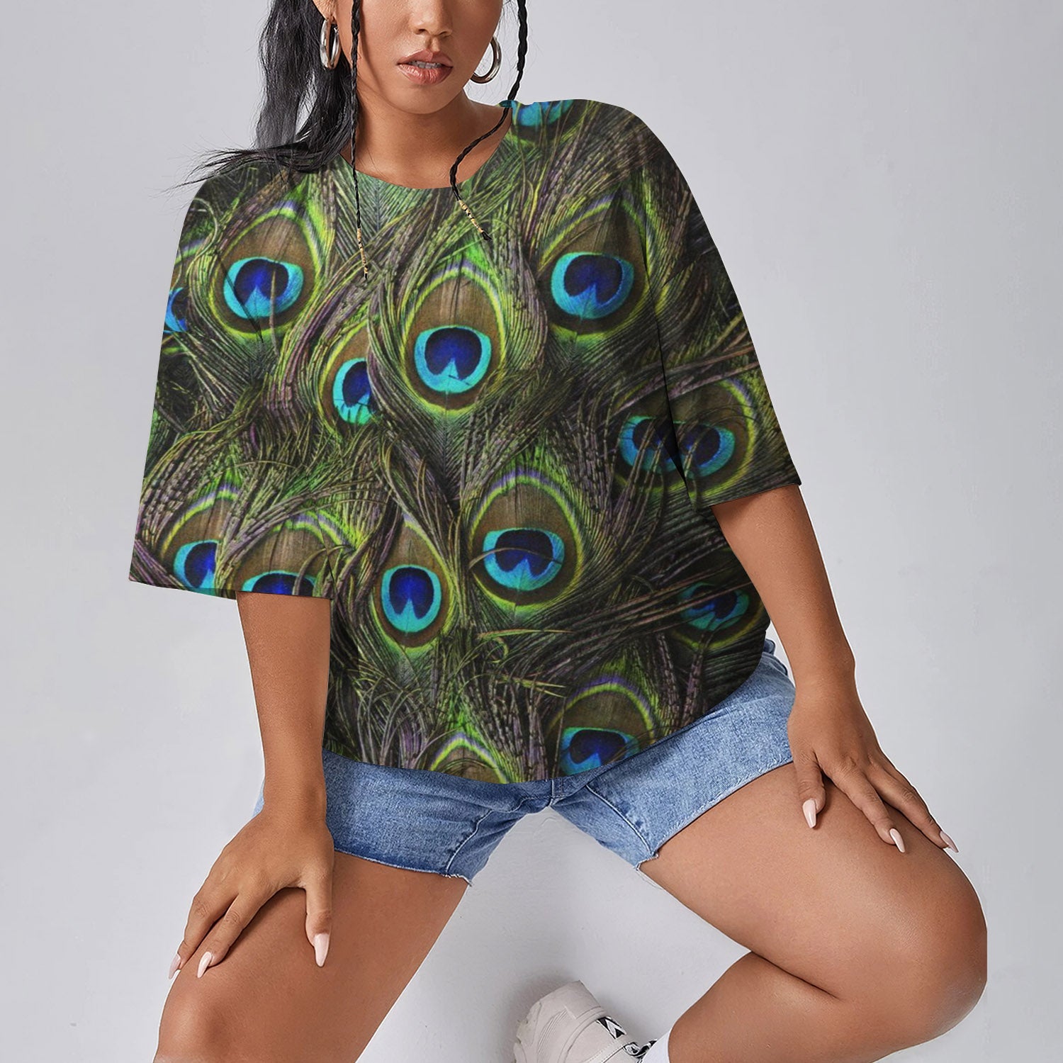 Green Peacock Feather Women Oversized T-Shirt | Printed Graphic Tees