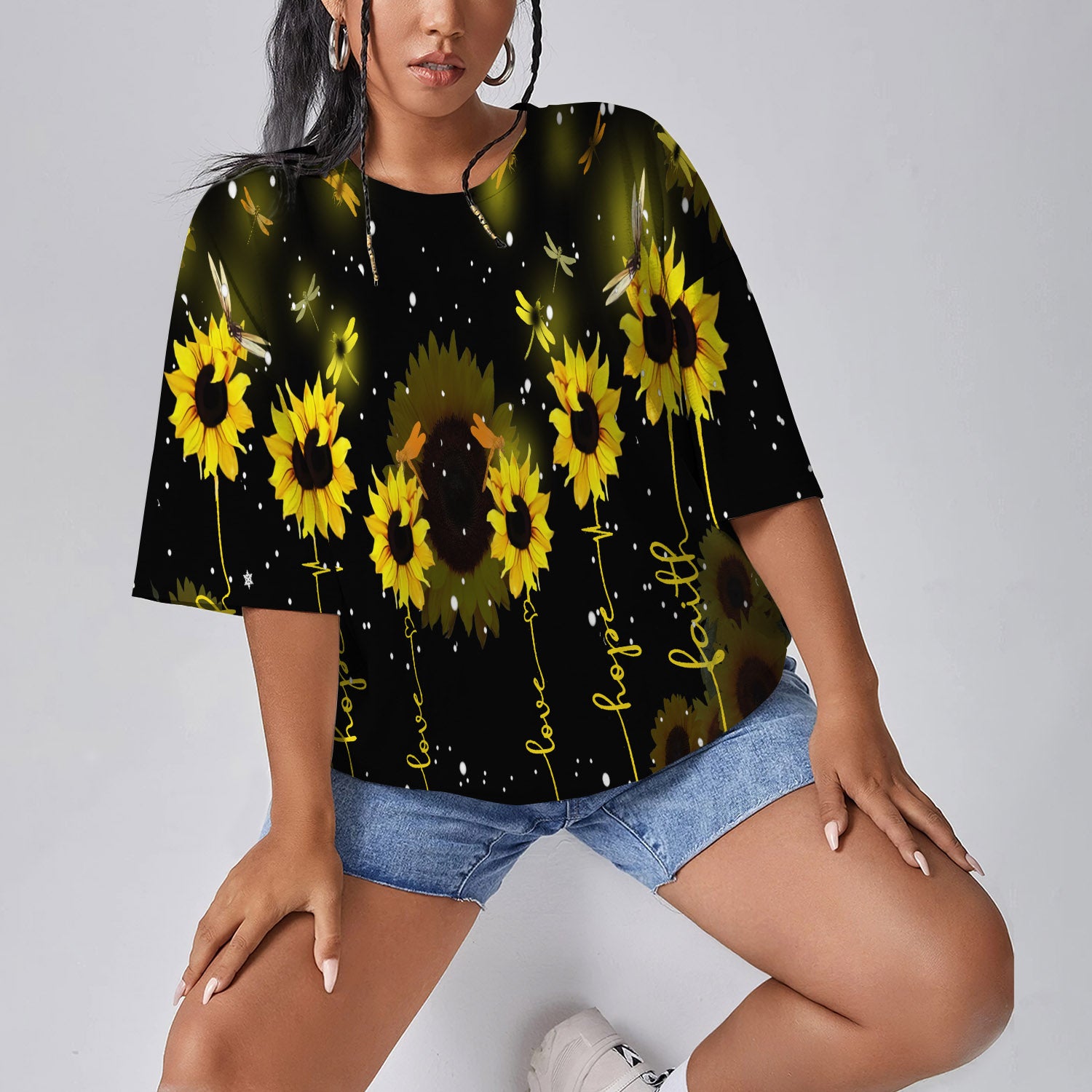 You Never Walk Alone, Dragonfly Sunflower Women Oversized T-Shirt | Printed Graphic Tees