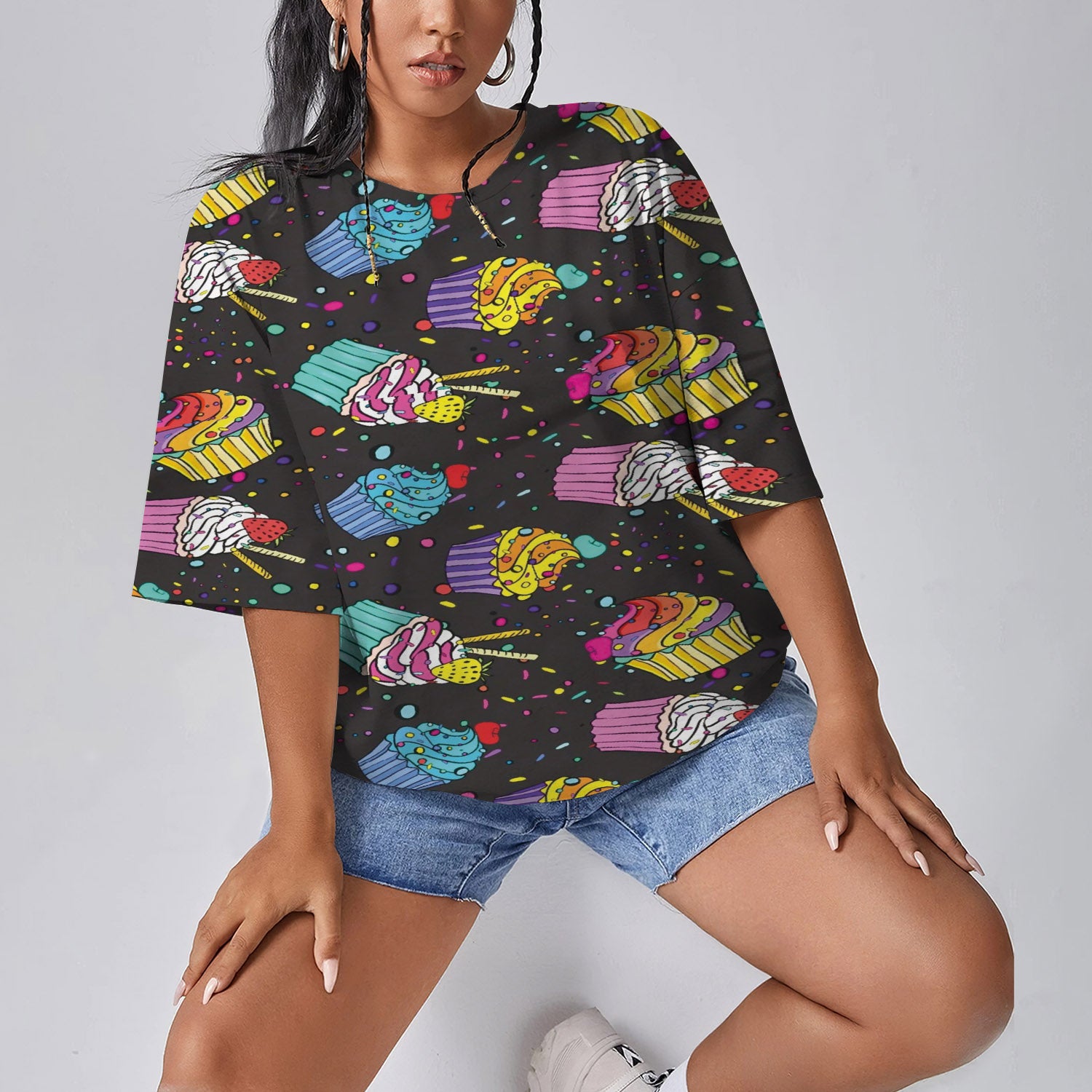 Colorful Cupcake Pattern Women Oversized T-Shirt | Printed Graphic Tees