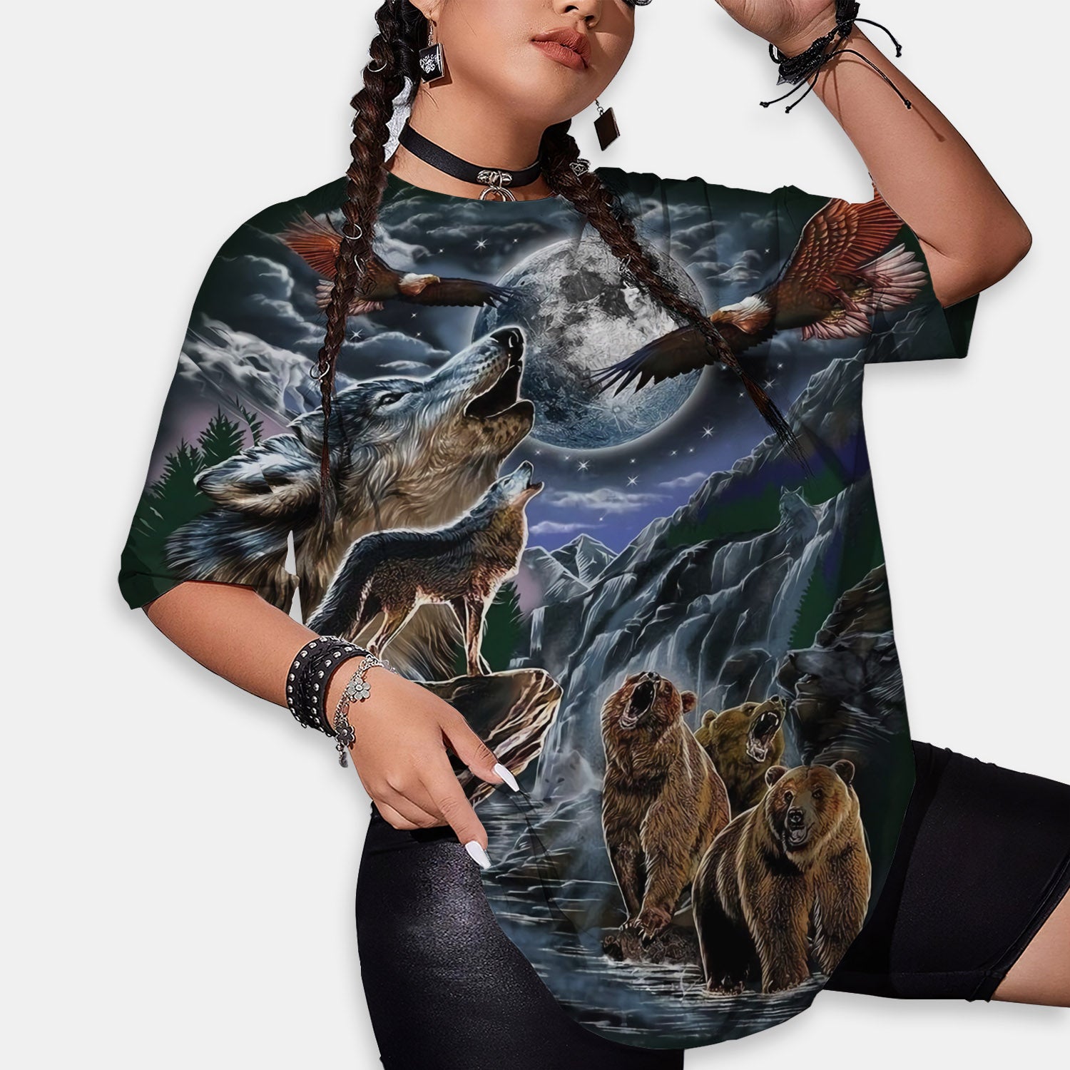 Wolf Bears Eagle Women Oversized T-Shirt | Printed Graphic Tees